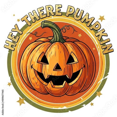Smiling jack-o-lantern pumpkin face in circular orange logo with green border and text