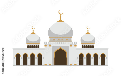 Iconic mosque, structure featuring, tall minarets and a grand dome, representing Islamic faith, worship, cultural heritage, and spiritual architectural beauty.