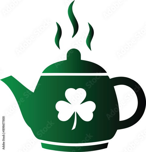 Green tea pot with shamrock and steam rising from top on white background