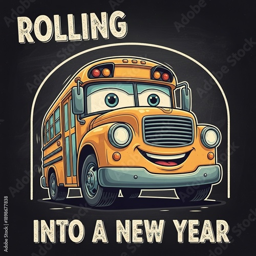Smiling school bus rolling into a new year with big eyes and a cheerful grin on a black background