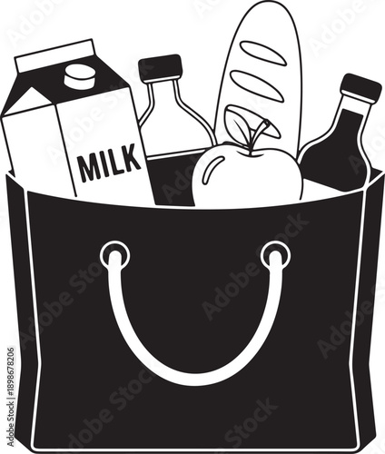 Black shopping bag with groceries milk bread