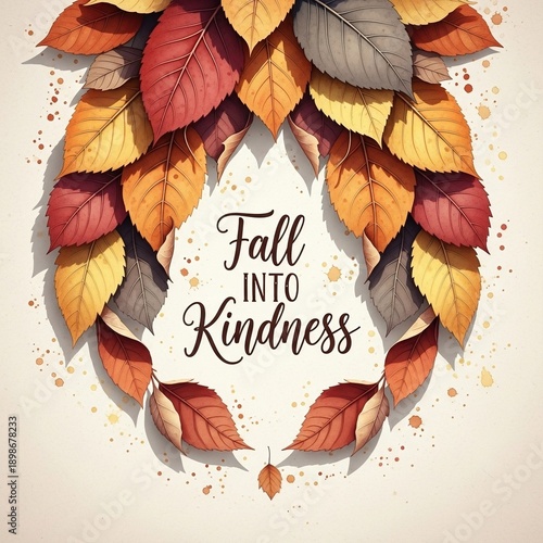 Fall into Kindness Wreath with Colorful Leaves and Paint Splatters Flat Design