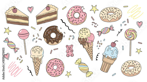 Colorful dessert collection with frosted donuts ice cream cones cake and sweet lollipops drawing