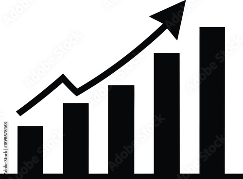 A simple black and white graphic illustrating growth with a rising bar chart