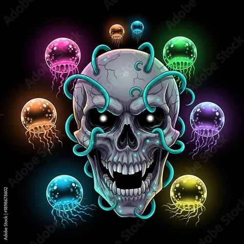 Vibrant skull with tentacles surrounded by colorful jellyfish in neon-lit dark environment, digital art