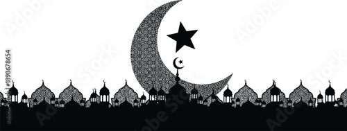 Islamic mosque silhouette with crescent moon and star — black and white vector illustration representing religious architecture, cultural symbolism, and spiritual celebration themes
