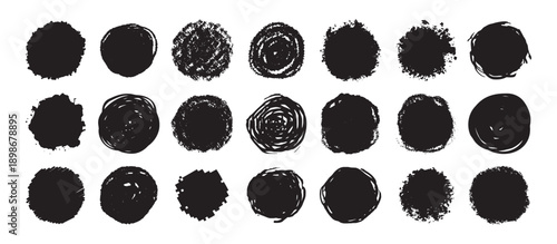 Round grunge scratch and textured ink brush strokes set. isolated vector black Collection. Dirty expressive hand drawn inky stains and blobs
