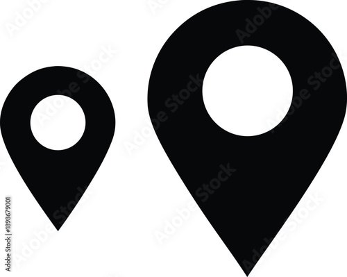 Two black location pin icons of differing sizes on a white background