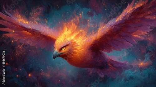 Fiery phoenix soars through a colorful sky, showcasing vibrant flames and a majestic presence