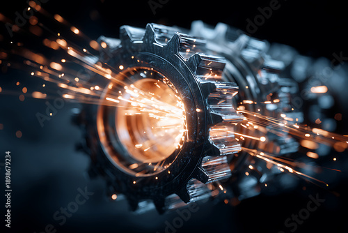 Gleaming Steel Cogwheel Ignites in a Dramatic Shower of Fiery Orange Sparks