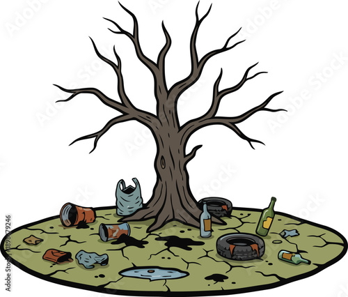 Dead Tree Surrounded by Trash and Pollution, Earth Day Environmental Damage and Awareness Vector Illustration