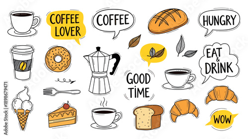 Doodle art of coffee and baked goods, including cups, croissants, bread, ice cream, and desserts