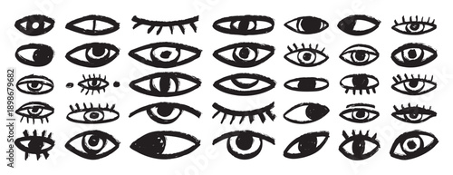 bizarre eyes hand drawn doodle brush set. Textured minimalistic grunge eyes rough collection 