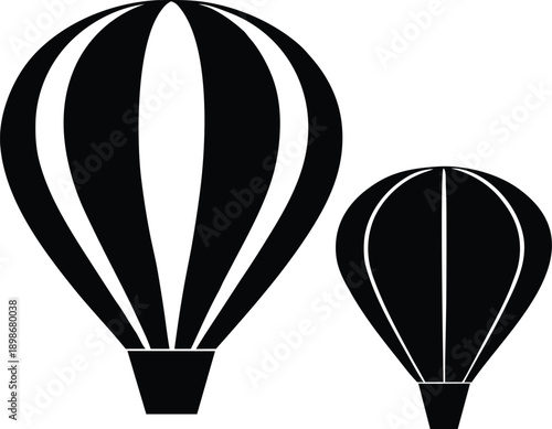 Simple black and white illustration depicting two hot air balloons of differing sizes