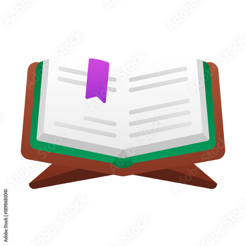 Holy Quran open on wooden rehal stand vector illustration. Islamic sacred book icon in flat colorful style isolated on transparent background for Ramadan. Muslim symbol, Eid cartoon design element