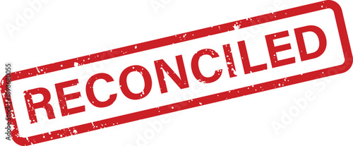 A red grunge style rubber stamp prominently featuring the word RECONCILED on a clean white surface