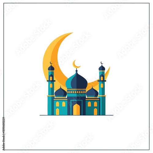 Islamic Mosque with Crescent Moon Icon - Ramadan and Eid Celebration