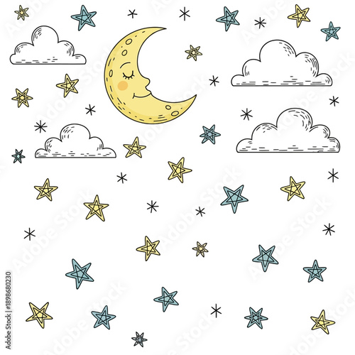 Sleeping Moon Surrounded by Clouds and Stars, Cute Night Sky Illustration