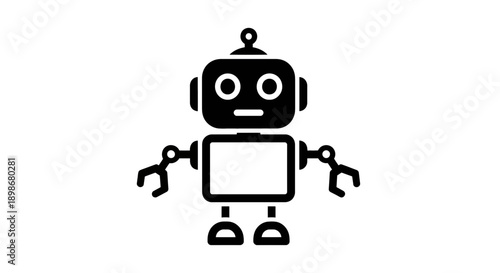 Simple black and white illustration of a cute robot with a square body and round head
