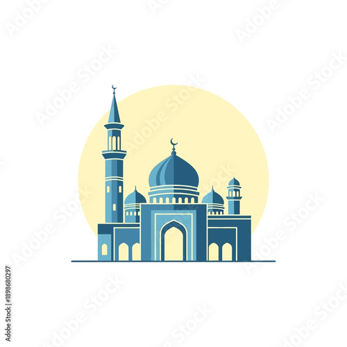 Blue Islamic Mosque with Minarets and Dome against Yellow Circle Background