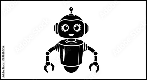 A simple black and white illustration of a cute robot with a friendly face