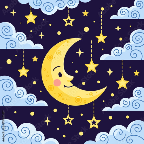Cute smiling moon and stars with clouds on dark night sky background