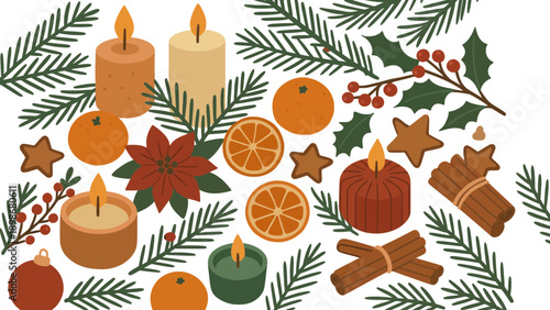 A festive holiday illustration featuring candles and oranges with greenery