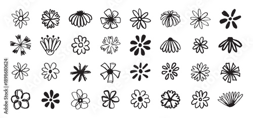 Flowers grunge brush doodle blossom icons set. Flowers Scribble ink hand drawn brush. Chamomile flowers markers crayons icons 
