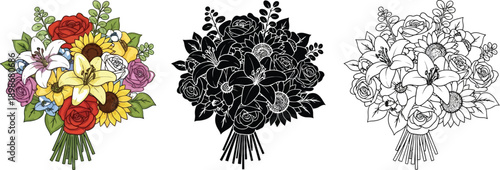 A vibrant bouquet featuring sunflowers, lilies, and roses tied together is displayed in color, solid black, and line art formats.