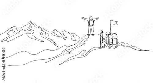 Continuous Line Art of Hikers on Mountain Peak with Backpacks and Flag