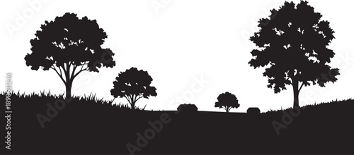 Forest landscape silhouette vector illustration depicting meadow with large deciduous trees