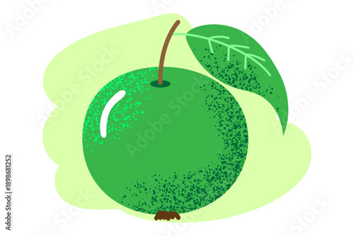 A ripe apple with green leaves in a grainy background drawn with a marker. Vector illustration.
