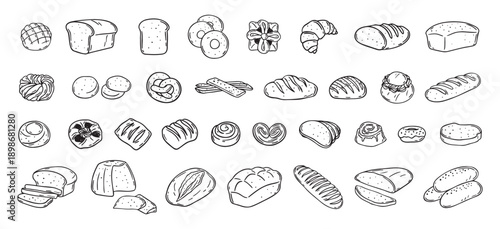 Bread different types hand drawn doodle outline icon set. Bread engraving, line art. Wheat products, baked goods, bakery