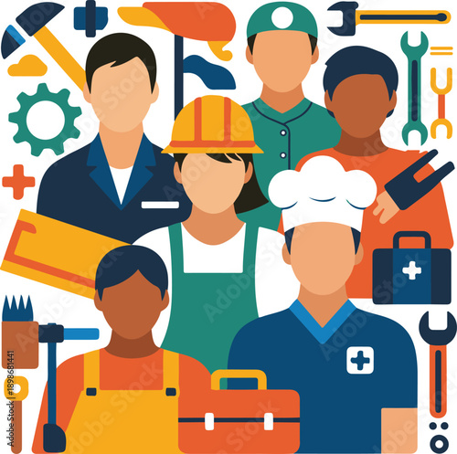 Diverse group of people representing various professions and jobs in a flat design.