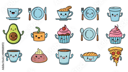 Set of cute kawaii food and drink icons featuring cups, plates, avocado, and desserts with faces