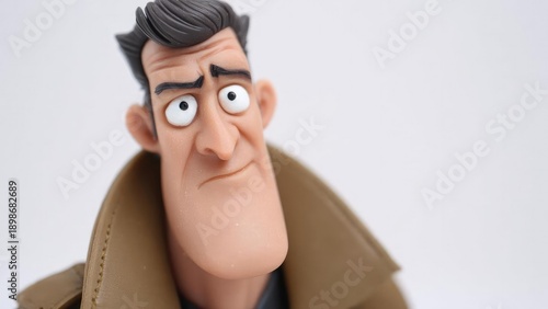 Cartoonish action figure of a man wearing a trench coat. Concept Cartoonish action figure, trench coat hero, noir-inspired style, exaggerated features, dynamic pose