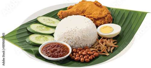 Nasi lemak on banana leaf with fried chicken cucumber peanuts and egg rice
