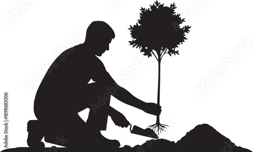 Kneeling person planting small tree vector silhouette illustration line art garden design