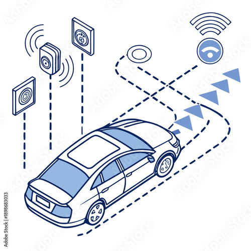 Self-driving car sensor system visualized with radar and lidar data, showcasing autonomous vehicle technology for intelligent future transportation. Vector art.