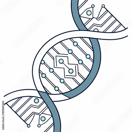 Biotechnology DNA strand integrated with circuit patterns, representing the fusion of biology and technology for scientific innovation. Clean vector illustration.