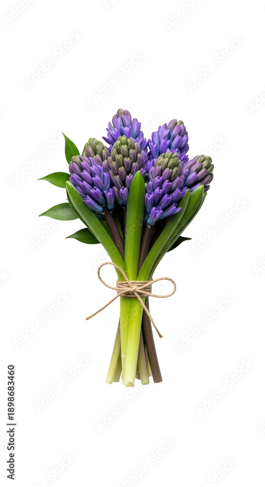 Fototapeta premium Vibrant purple hyacinth spring bouquet on transparent background png (बैंगनी हयासिंथ का गुलदस्ता)