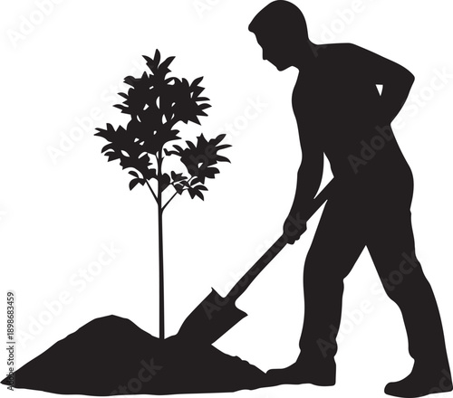 Man planting sapling using shovel vector silhouette illustration line art garden activity