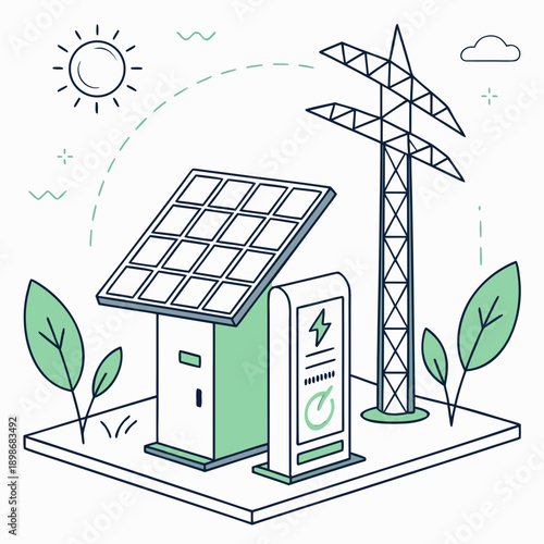 Sustainable green energy technology featuring smart solar panels integrated with wind turbines, illustrating renewable power generation and eco-friendly solutions. Flat vector illustration.