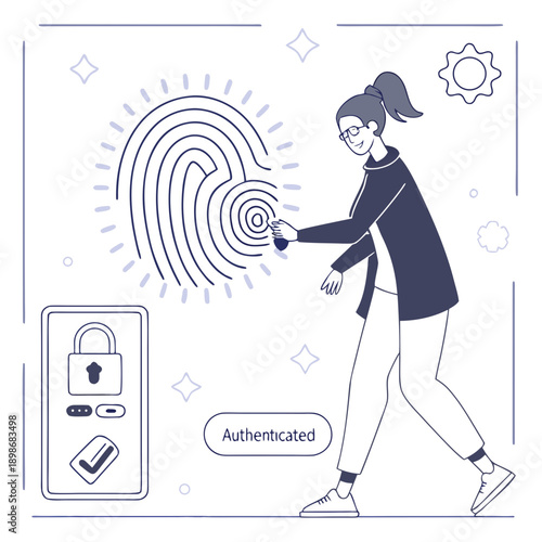 Advanced fingerprint security authentication using a digital gateway, representing biometric identification for secure access and personal data protection. Stylized vector.