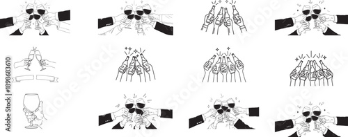 Hands Clinking Glasses and Bottles Line Art Collection Keywords: clinking, glasses, bottles