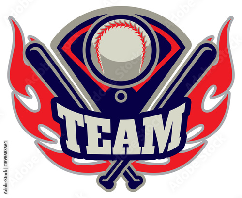 A bold and dynamic baseball team logo featuring crossed bats, a baseball, flames, and the word TEAM in a striking athletic design.