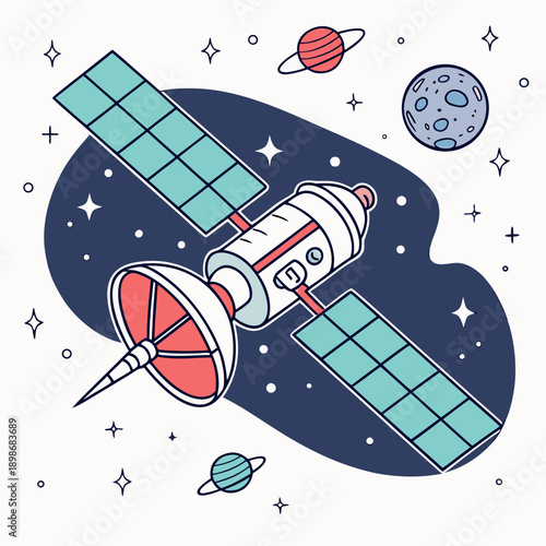 Space technology satellite transmitting data through glowing lines to Earth, illustrating global communication, advanced exploration, and scientific discovery in the cosmos.