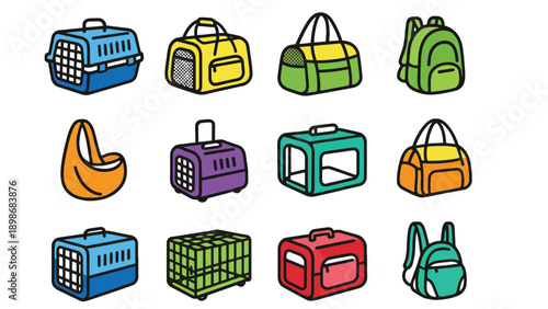 A colorful illustration of various pet carriers and bags on a white background