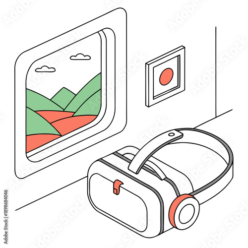 Futuristic virtual reality headset projecting an immersive digital environment with glowing data streams and geometric shapes.