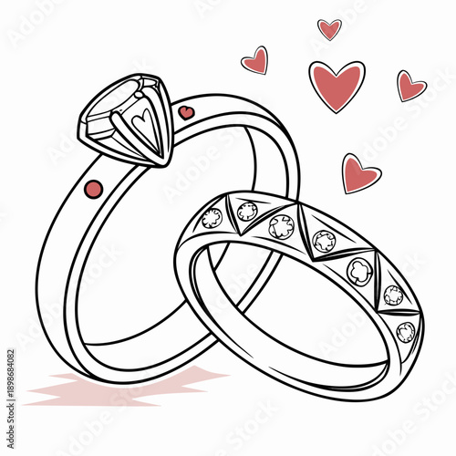 Stylish vector illustration of crossed wedding rings with a mirrored heart shape, representing love, union, and marital bliss.